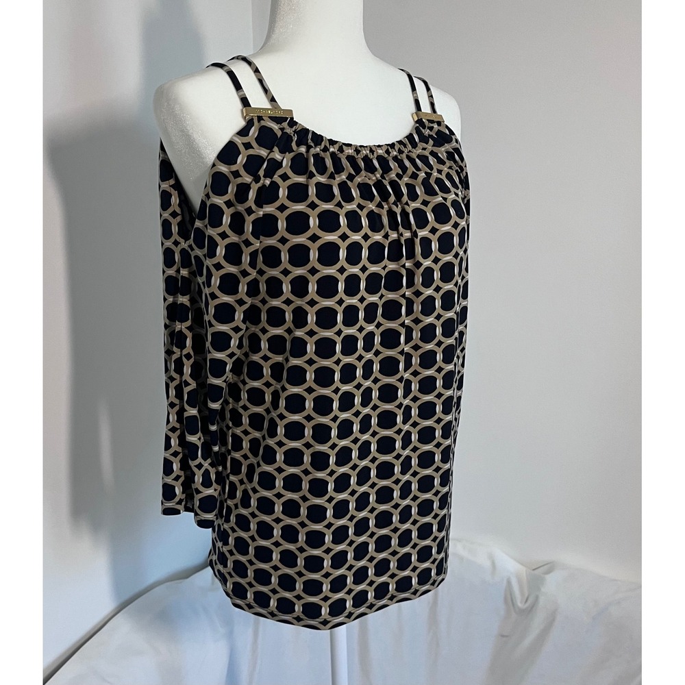 Michael Kors Cold Shoulder Blouse Womens Size S Black Tan Geometric Office Wear